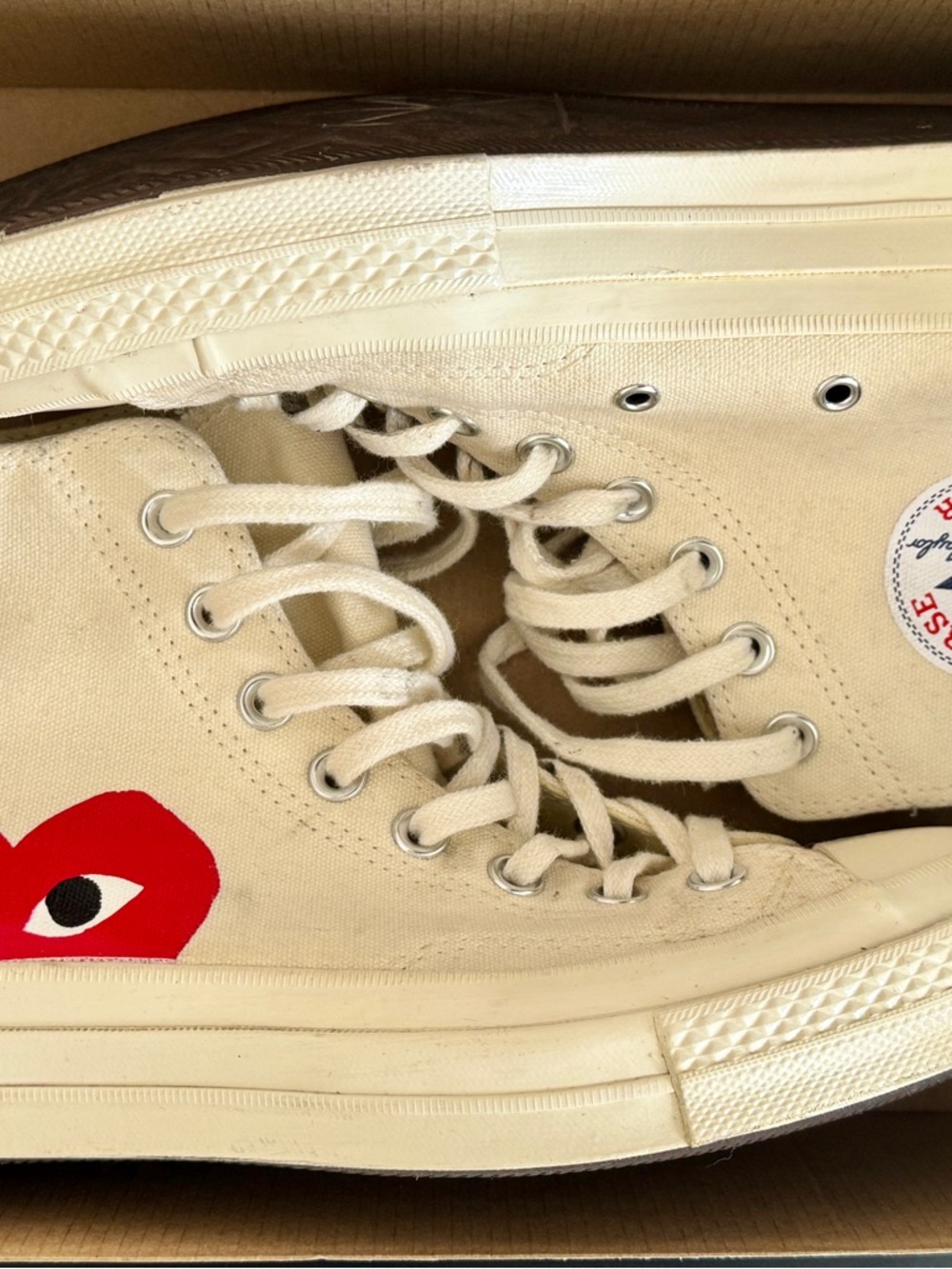 Comme des Garcons Play x Converse High Top Sneakers in Cream with Red Heart